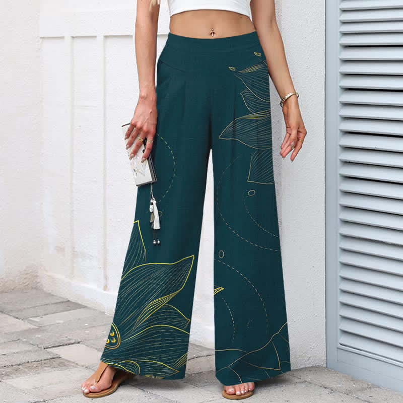 Buddha Stones Pantalon large pour femme en coton et lin, motif lotus, taille élastique et poches - image 1