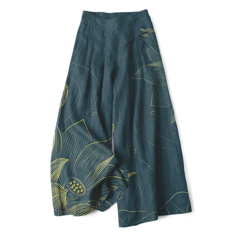 Buddha Stones Pantalon large pour femme en coton et lin, motif lotus, taille élastique et poches - Sarcelle - US16，UK/AU20，EU48 (3XL) - image 0