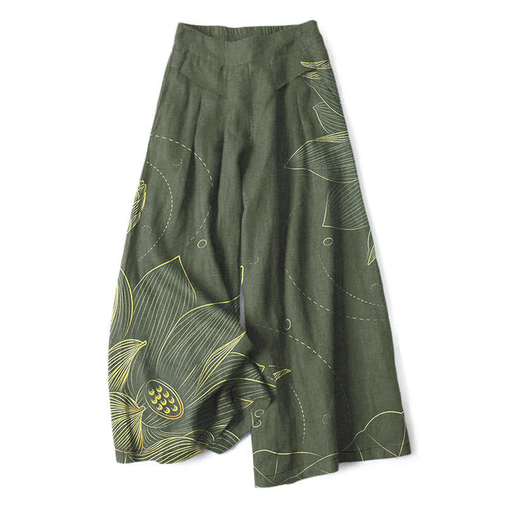 Buddha Stones Pantalon large pour femme en coton et lin, motif lotus, taille élastique et poches - Vert olive foncé - US16，UK/AU20，EU48 (3XL) - image 4