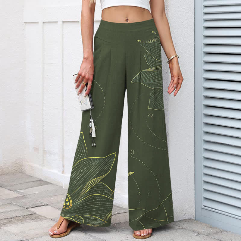 Buddha Stones Pantalon large pour femme en coton et lin, motif lotus, taille élastique et poches - image 5