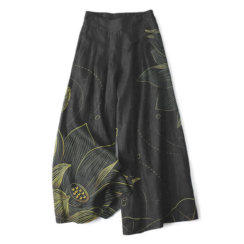 Buddha Stones Pantalon large pour femme en coton et lin, motif lotus, taille élastique et poches - Noir - US16，UK/AU20，EU48 (3XL) - image 6