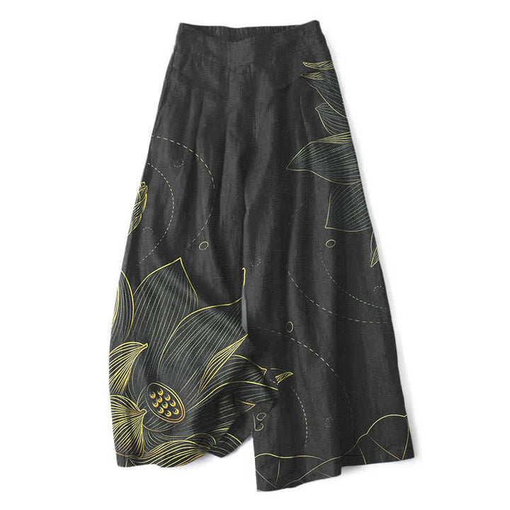 Buddha Stones Pantalon large pour femme en coton et lin, motif lotus, taille élastique et poches - Noir - US16，UK/AU20，EU48 (3XL) - image 6