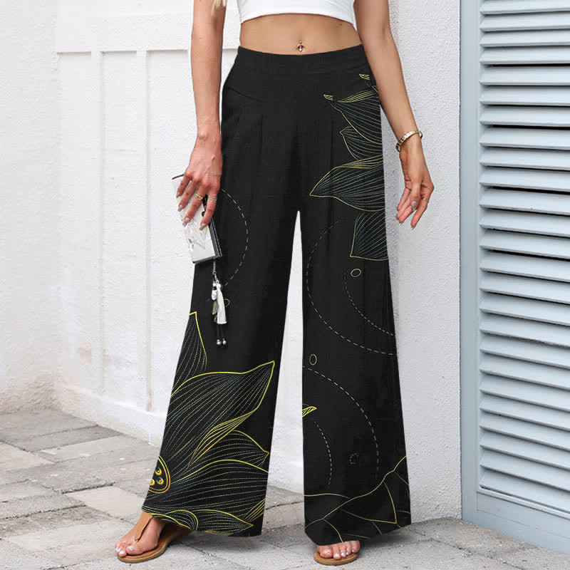 Buddha Stones Pantalon large pour femme en coton et lin, motif lotus, taille élastique et poches - image 7