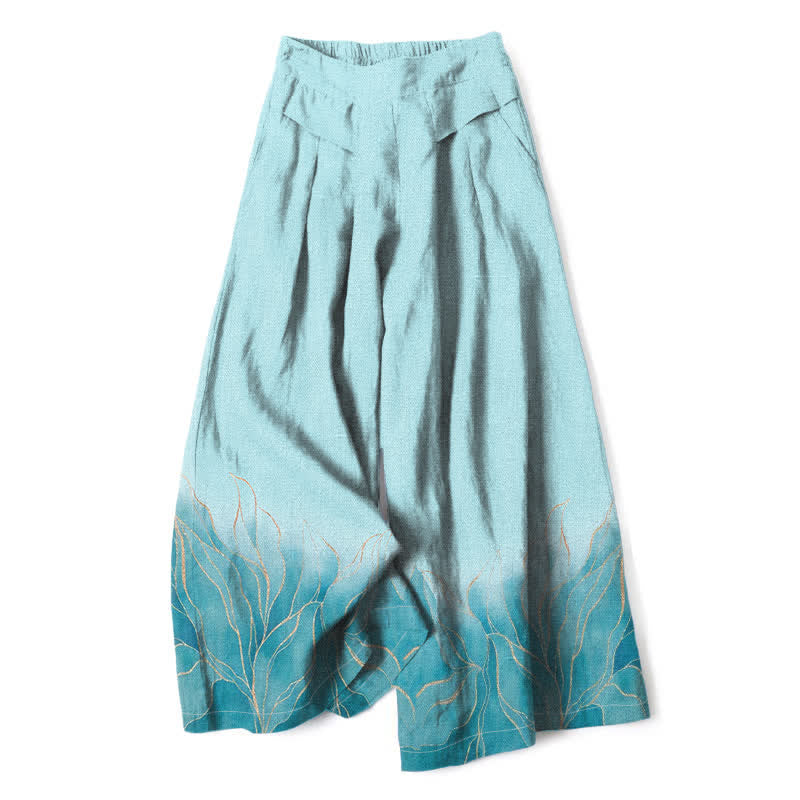 Buddha Stones Pantalon large à taille élastique et poches pour femme, en coton et lin à motif de feuilles dégradées - Turquoise pâle - US16，UK/AU20，EU48 (3XL) - image 0