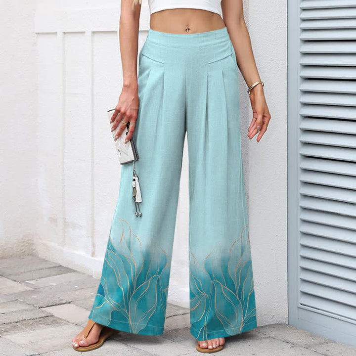 Buddha Stones Pantalon large à taille élastique et poches pour femme, en coton et lin à motif de feuilles dégradées - image 1