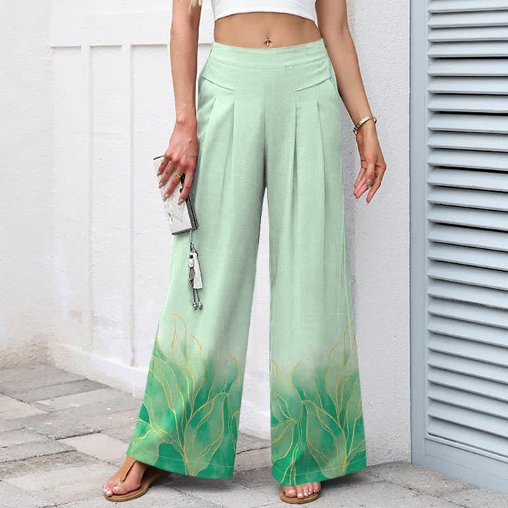 Buddha Stones Pantalon large à taille élastique et poches pour femme, en coton et lin à motif de feuilles dégradées - image 5
