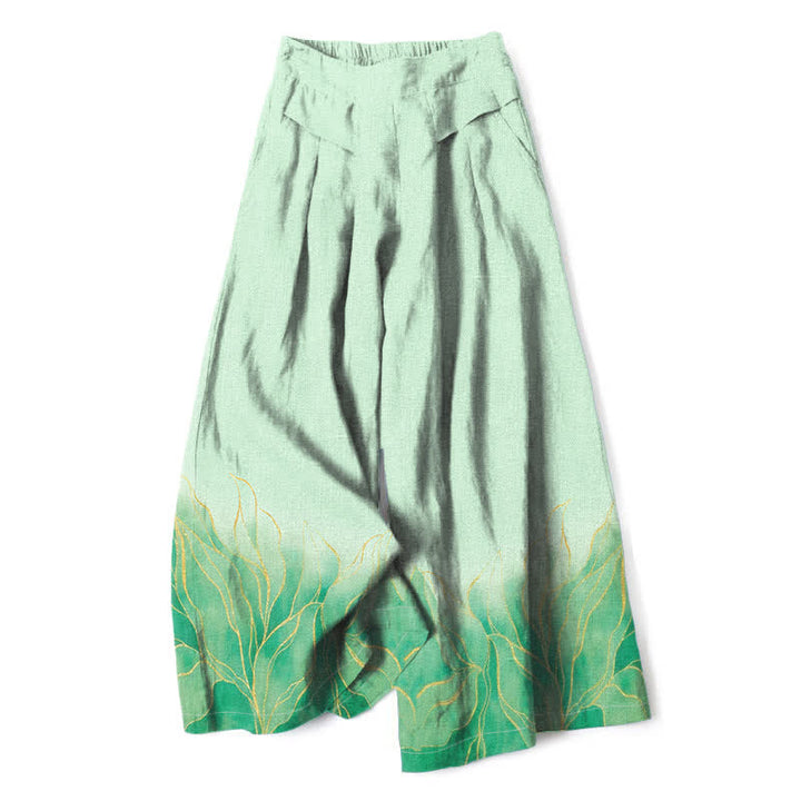 Buddha Stones Pantalon large à taille élastique et poches pour femme, en coton et lin à motif de feuilles dégradées - Vert pâle - US16，UK/AU20，EU48 (3XL) - image 4