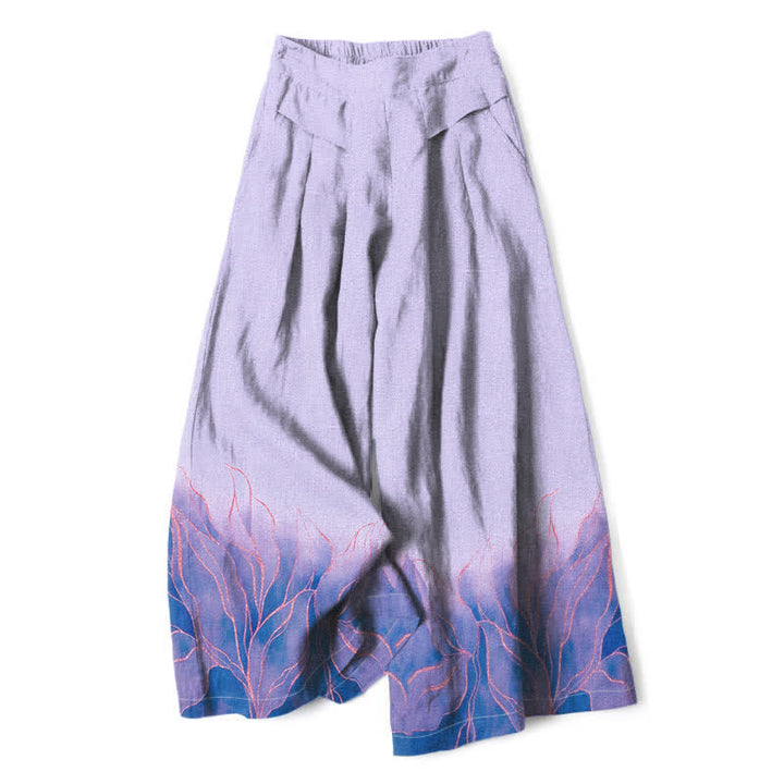 Buddha Stones Pantalon large à taille élastique et poches pour femme, en coton et lin à motif de feuilles dégradées - Lavande - US16，UK/AU20，EU48 (3XL) - image 6