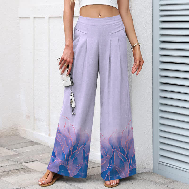 Buddha Stones Pantalon large à taille élastique et poches pour femme, en coton et lin à motif de feuilles dégradées - image 7