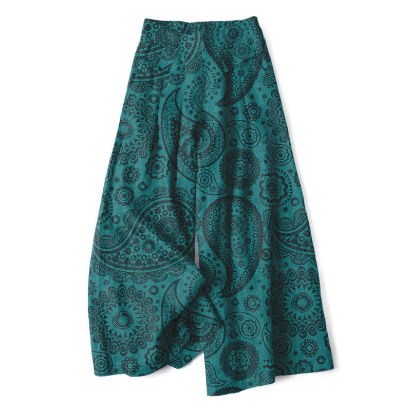 Buddha Stones Pantalon large pour femme en coton et lin à motif cachemire bohème, taille élastique et poches - Sarcelle - US16，UK/AU20，EU48 (3XL) - image 0
