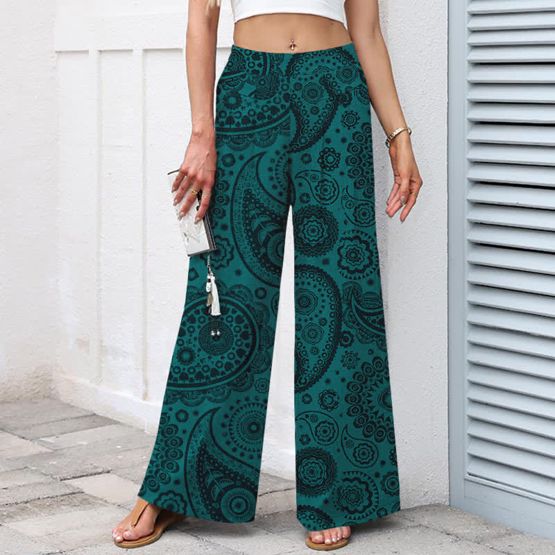 Buddha Stones Pantalon large pour femme en coton et lin à motif cachemire bohème, taille élastique et poches - image 1