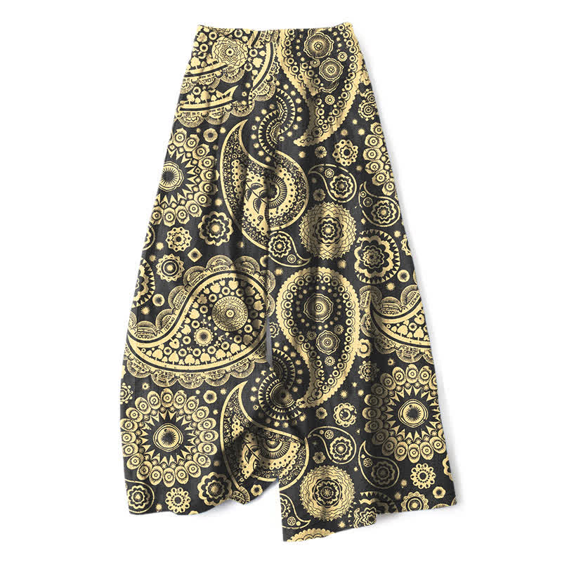 Buddha Stones Pantalon large pour femme en coton et lin à motif cachemire bohème, taille élastique et poches - Kaki foncé - US16，UK/AU20，EU48 (3XL) - image 4