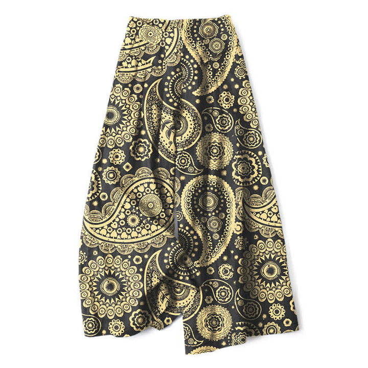Buddha Stones Pantalon large pour femme en coton et lin à motif cachemire bohème, taille élastique et poches - Kaki foncé - US16，UK/AU20，EU48 (3XL) - image 4