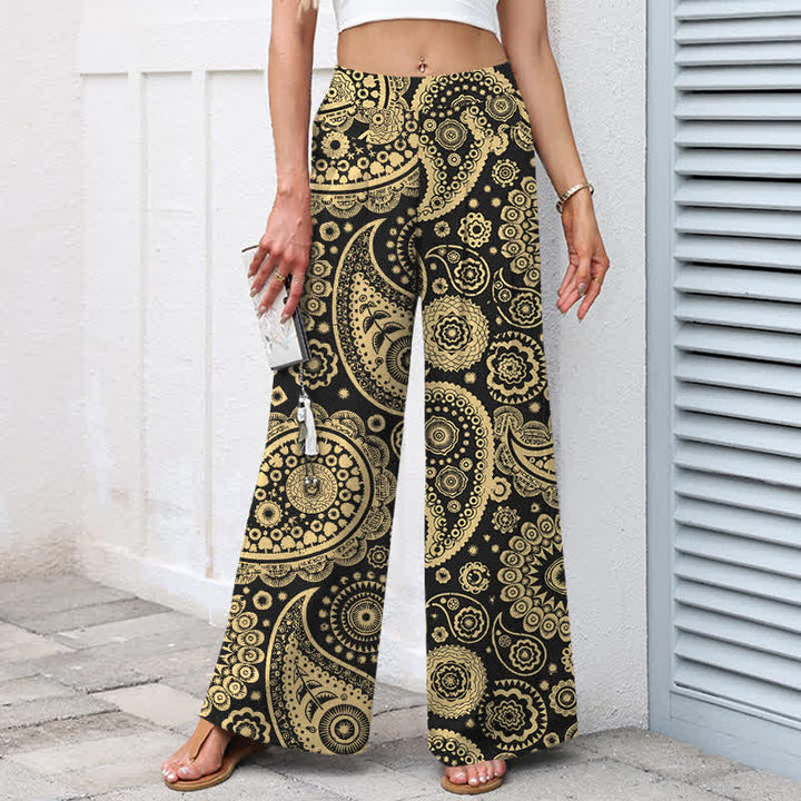 Buddha Stones Pantalon large pour femme en coton et lin à motif cachemire bohème, taille élastique et poches - image 5