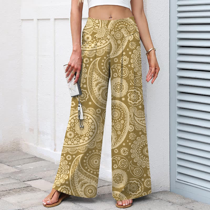 Buddha Stones Pantalon large pour femme en coton et lin à motif cachemire bohème, taille élastique et poches - image 7