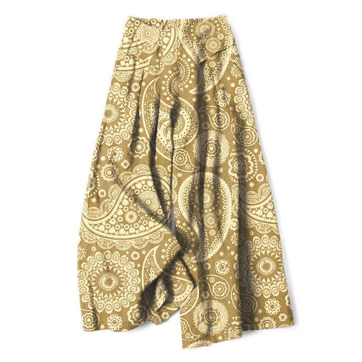 Buddha Stones Pantalon large pour femme en coton et lin à motif cachemire bohème, taille élastique et poches - Kaki - US16，UK/AU20，EU48 (3XL) - image 6