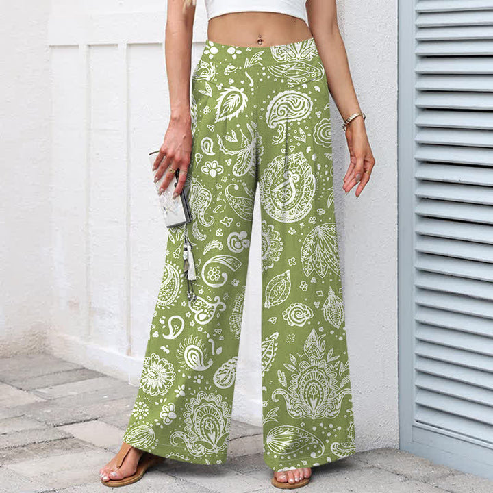 Buddha Stones Pantalon large pour femme en coton et lin, motif cachemire olive, taille élastique et poches - image 1