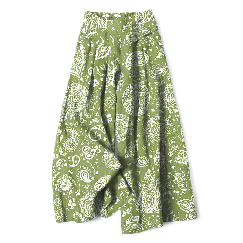 Buddha Stones Pantalon large pour femme en coton et lin, motif cachemire olive, taille élastique et poches - Vert olive - US16，UK/AU20，EU48 (3XL) - image 0