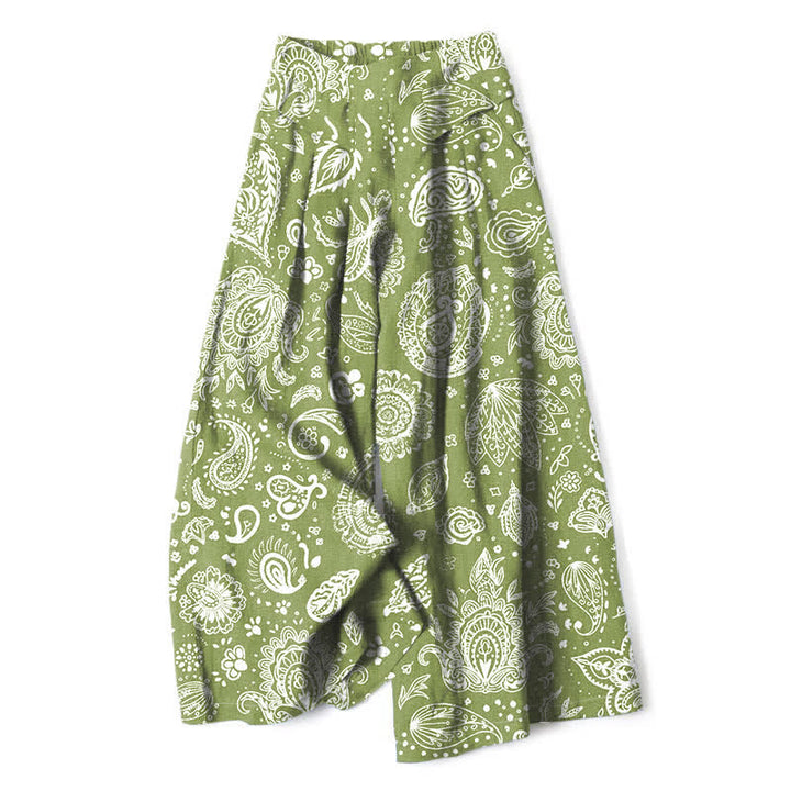 Buddha Stones Pantalon large pour femme en coton et lin, motif cachemire olive, taille élastique et poches - Vert olive - US16，UK/AU20，EU48 (3XL) - image 0