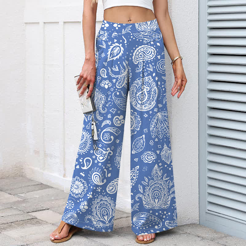 Buddha Stones Pantalon large pour femme en coton et lin, motif cachemire olive, taille élastique et poches - image 5