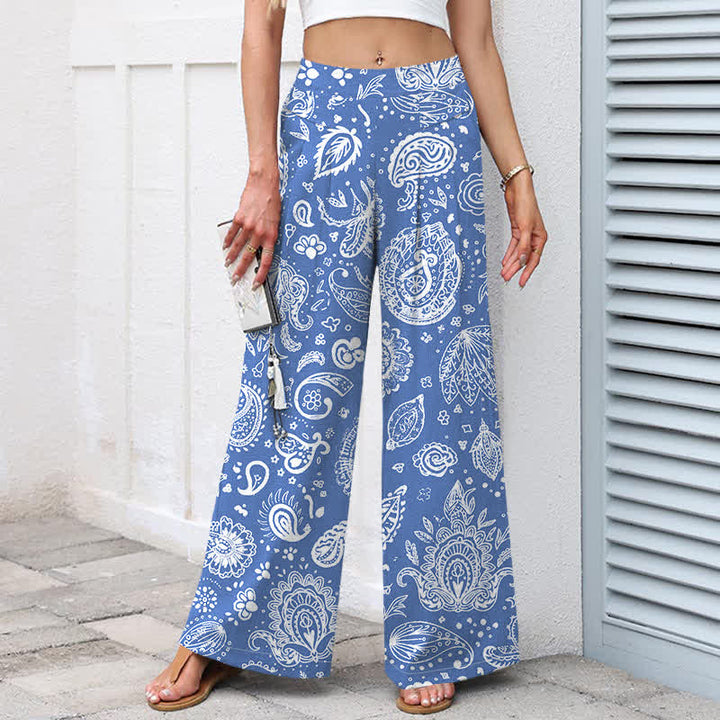 Buddha Stones Pantalon large pour femme en coton et lin, motif cachemire olive, taille élastique et poches - image 5