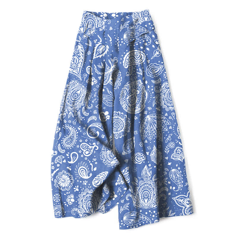 Buddha Stones Pantalon large pour femme en coton et lin, motif cachemire olive, taille élastique et poches - Bleuet - US16，UK/AU20，EU48 (3XL) - image 4