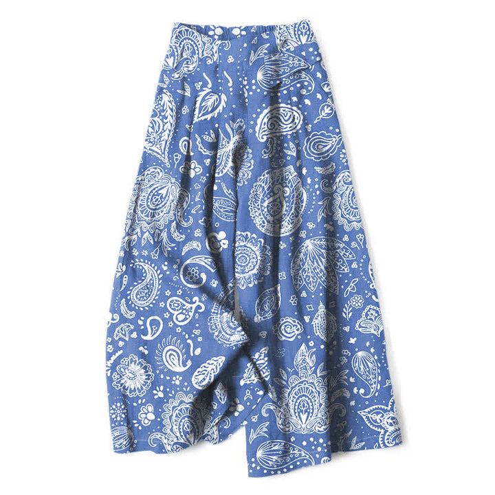 Buddha Stones Pantalon large pour femme en coton et lin, motif cachemire olive, taille élastique et poches - Bleuet - US16，UK/AU20，EU48 (3XL) - image 4