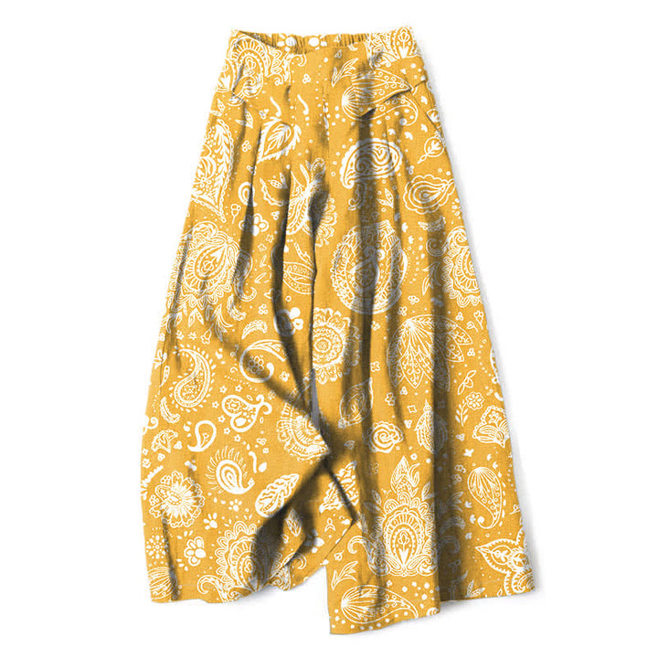Buddha Stones Pantalon large pour femme en coton et lin, motif cachemire olive, taille élastique et poches - verge d'or - US16，UK/AU20，EU48 (3XL) - image 6