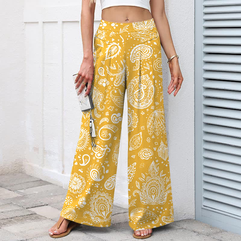 Buddha Stones Pantalon large pour femme en coton et lin, motif cachemire olive, taille élastique et poches - image 7