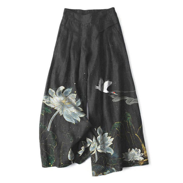 Buddha Stones Pantalon large en coton et lin à motif de lotus et de grues pour femme, taille élastique et poches - Noir - US16，UK/AU20，EU48 (3XL) - image 0