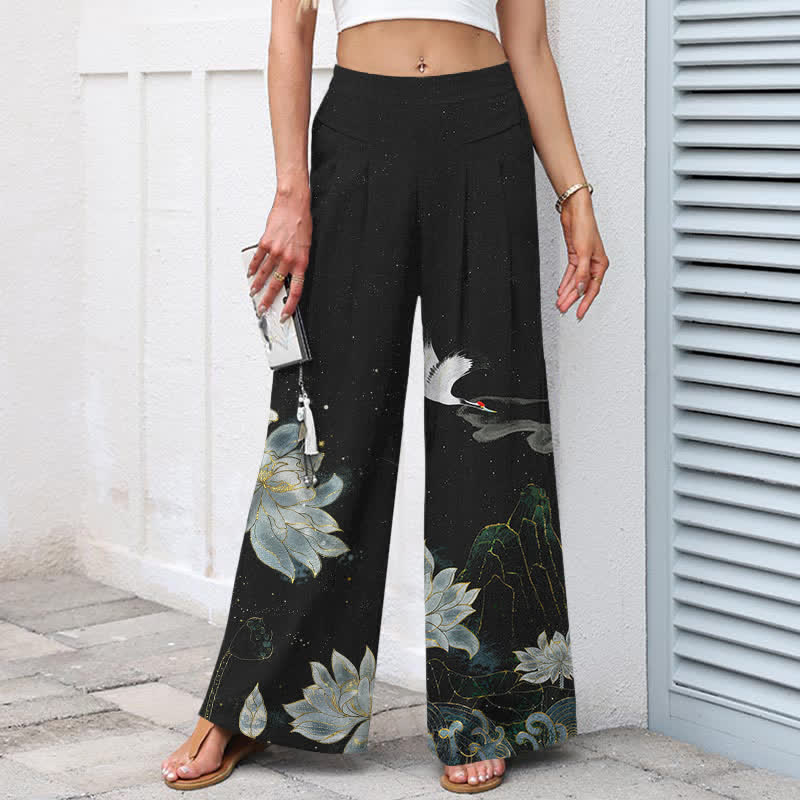 Buddha Stones Pantalon large en coton et lin à motif de lotus et de grues pour femme, taille élastique et poches - image 1