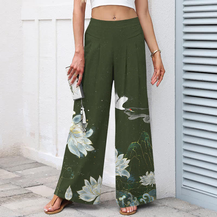 Buddha Stones Pantalon large en coton et lin à motif de lotus et de grues pour femme, taille élastique et poches - image 5