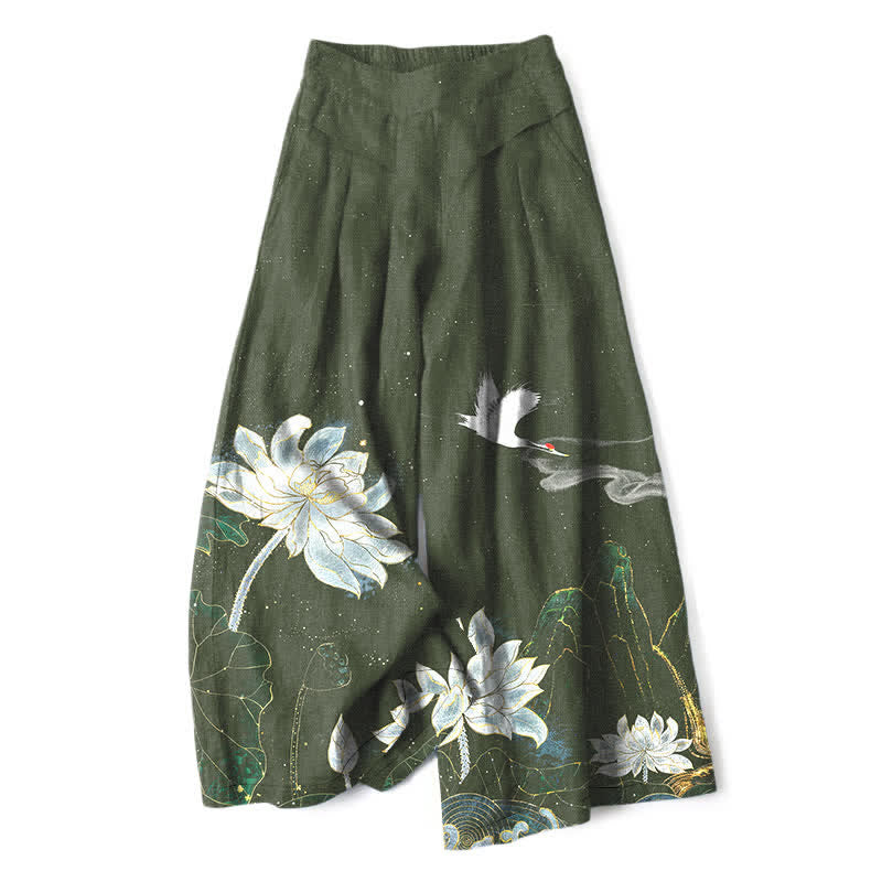 Buddha Stones Pantalon large en coton et lin à motif de lotus et de grues pour femme, taille élastique et poches - Vert olive foncé - US16，UK/AU20，EU48 (3XL) - image 4