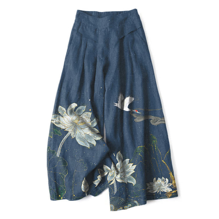 Buddha Stones Pantalon large en coton et lin à motif de lotus et de grues pour femme, taille élastique et poches - Sarcelle - US16，UK/AU20，EU48 (3XL) - image 6
