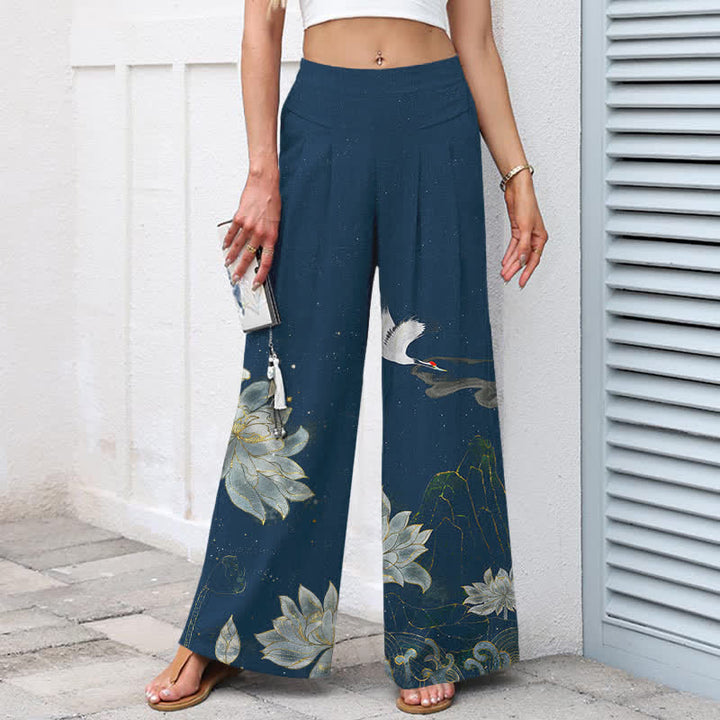 Buddha Stones Pantalon large en coton et lin à motif de lotus et de grues pour femme, taille élastique et poches - image 7