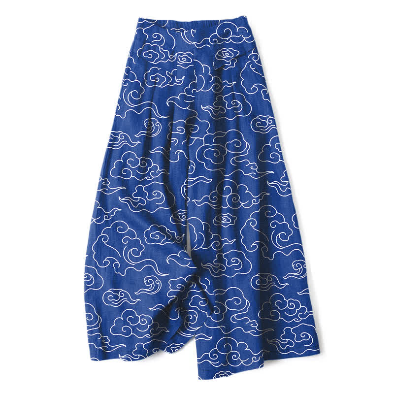 Buddha Stones Pantalon large à taille élastique et poches pour femme, en coton et lin à motif nuageux - Bleu royal - US16，UK/AU20，EU48 (3XL) - image 0