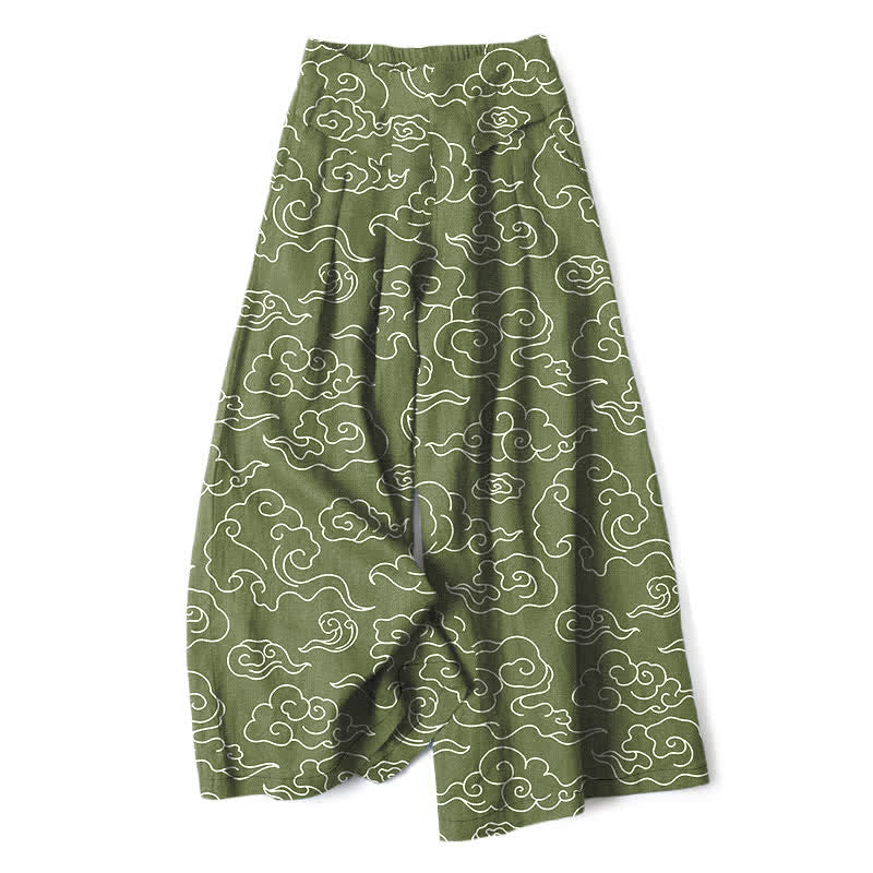 Buddha Stones Pantalon large à taille élastique et poches pour femme, en coton et lin à motif nuageux - Vert olive - US16，UK/AU20，EU48 (3XL) - image 4