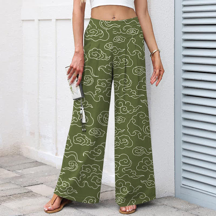 Buddha Stones Pantalon large à taille élastique et poches pour femme, en coton et lin à motif nuageux - image 5