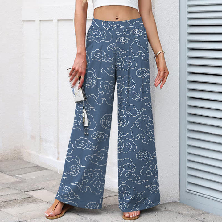 Buddha Stones Pantalon large à taille élastique et poches pour femme, en coton et lin à motif nuageux - image 7