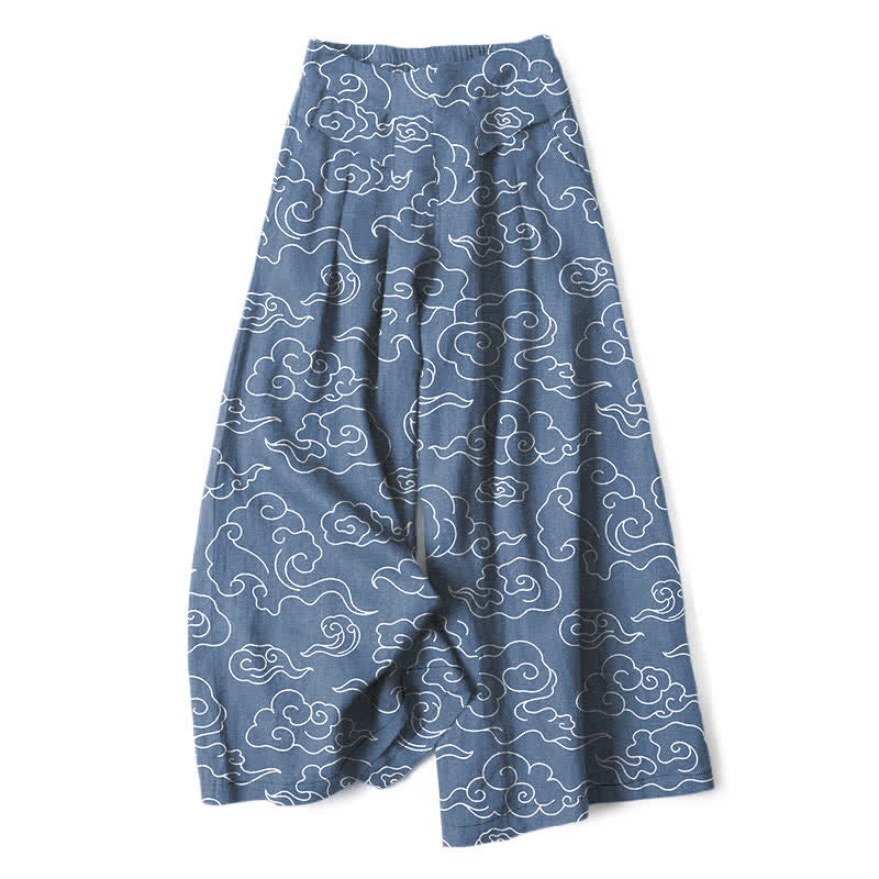 Buddha Stones Pantalon large à taille élastique et poches pour femme, en coton et lin à motif nuageux - SteelBlue - US16，UK/AU20，EU48 (3XL) - image 6