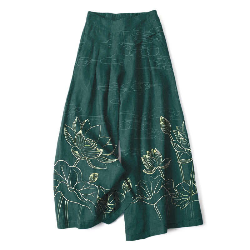 Buddha Stones Pantalon large pour femme en coton et lin, motif lotus, taille élastique et poches - Vert forêt - US16，UK/AU20，EU48 (3XL) - image 0