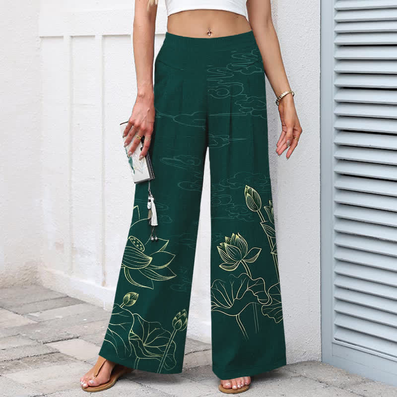 Buddha Stones Pantalon large pour femme en coton et lin, motif lotus, taille élastique et poches - image 1