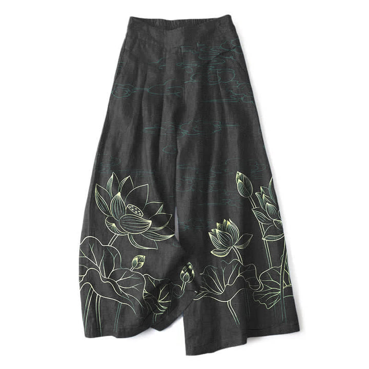 Buddha Stones Pantalon large pour femme en coton et lin, motif lotus, taille élastique et poches - Noir - US16，UK/AU20，EU48 (3XL) - image 4