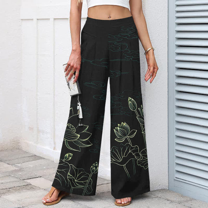 Buddha Stones Pantalon large pour femme en coton et lin, motif lotus, taille élastique et poches - image 5