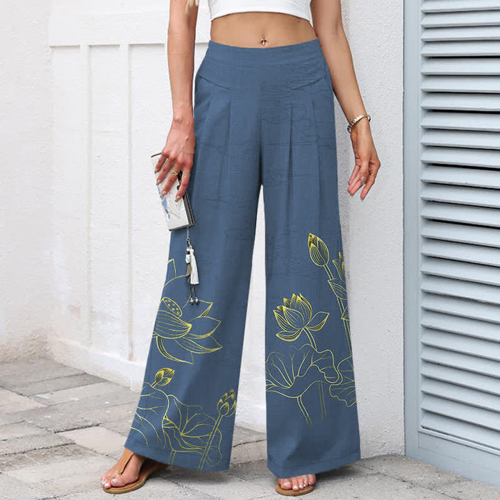 Buddha Stones Pantalon large pour femme en coton et lin, motif lotus, taille élastique et poches - image 7