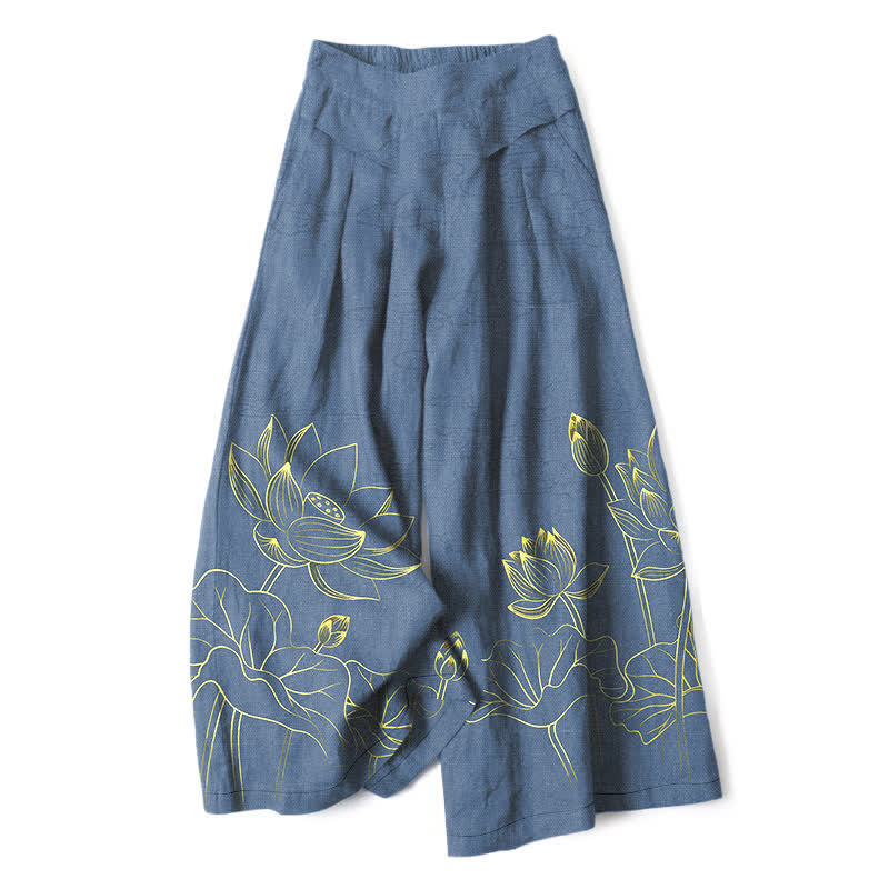 Buddha Stones Pantalon large pour femme en coton et lin, motif lotus, taille élastique et poches - SteelBlue - US16，UK/AU20，EU48 (3XL) - image 6
