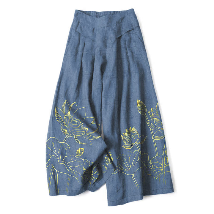 Buddha Stones Pantalon large pour femme en coton et lin, motif lotus, taille élastique et poches - SteelBlue - US16，UK/AU20，EU48 (3XL) - image 6