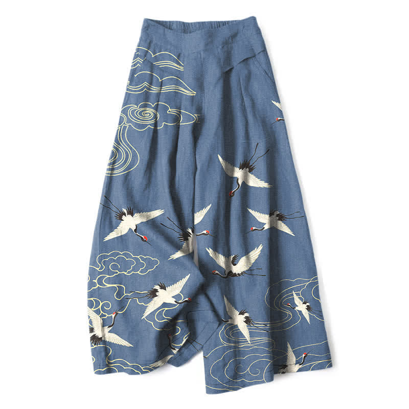 Buddha Stones Pantalon large à taille élastique et poches pour femme, en coton et lin, motif grues et nuages - SteelBlue - US16，UK/AU20，EU48 (3XL) - image 0