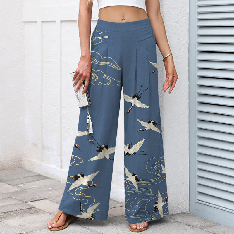 Buddha Stones Pantalon large à taille élastique et poches pour femme, en coton et lin, motif grues et nuages - image 1