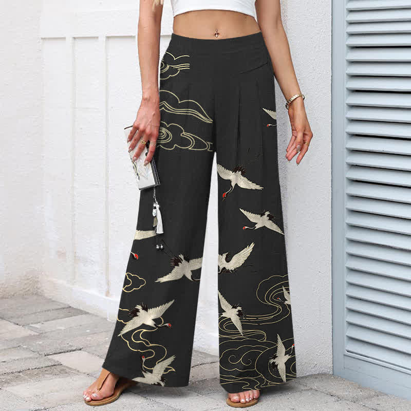 Buddha Stones Pantalon large à taille élastique et poches pour femme, en coton et lin, motif grues et nuages - image 5